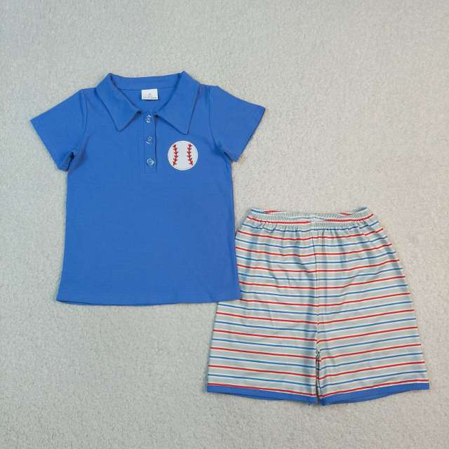 BSSO1877 RTS Blue baseball embroidery short sleeve boy outfits