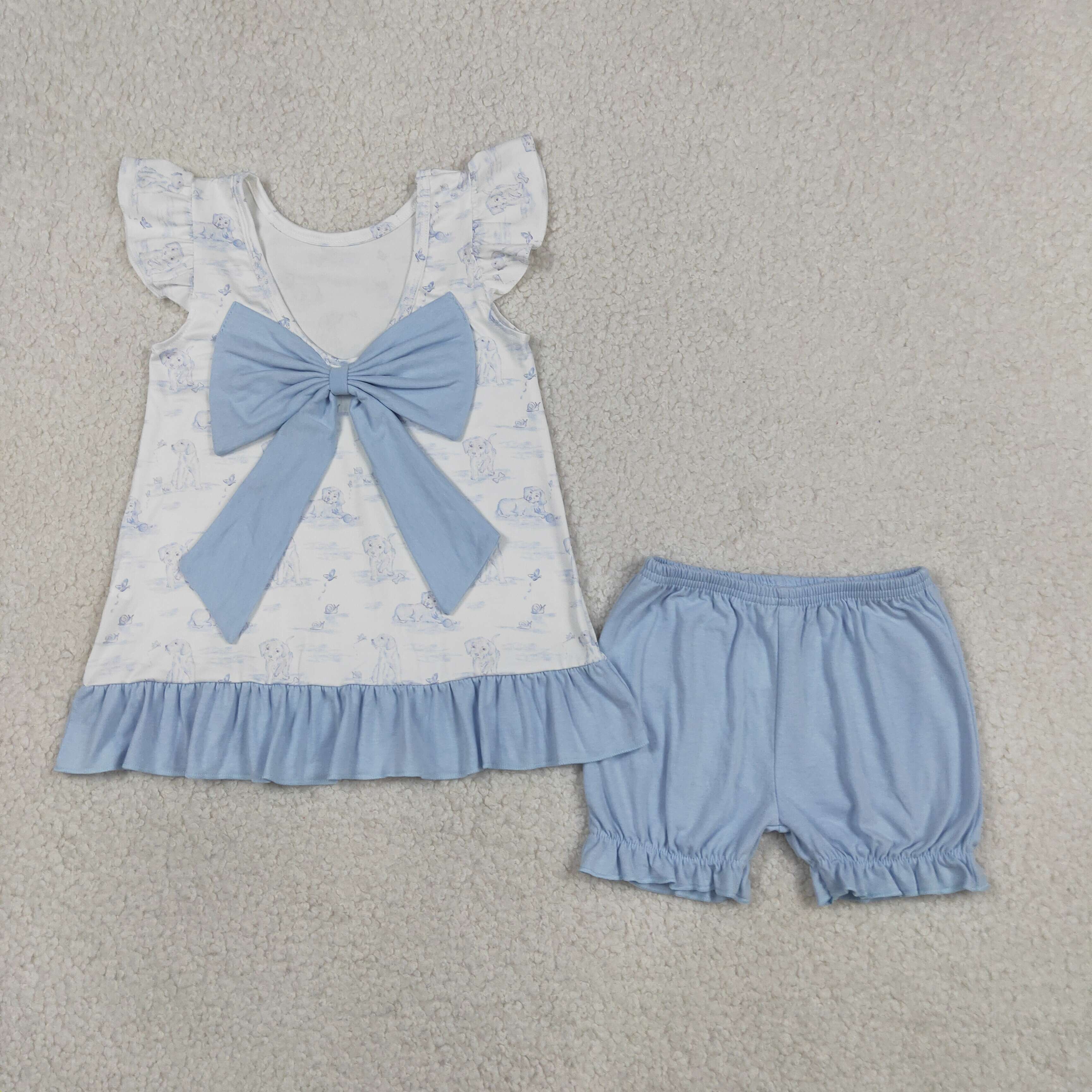 GSSO3061 Blue puppy Print flying sleeve girl outfits