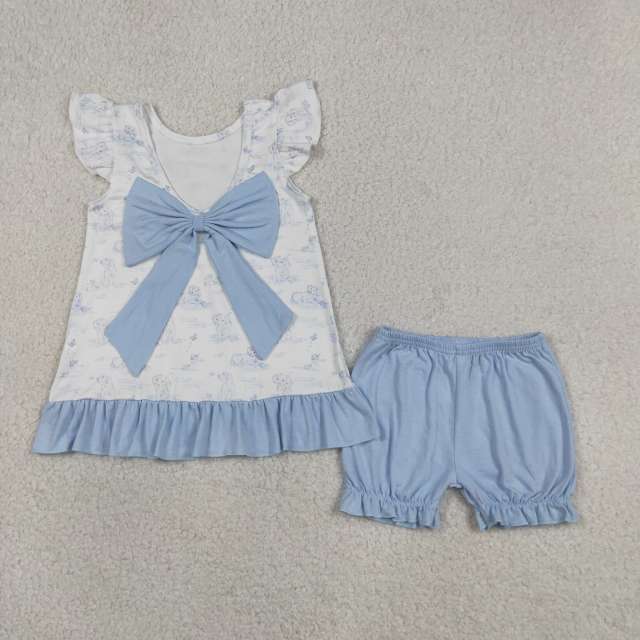 GSSO3061 Blue puppy Print flying sleeve girl outfits