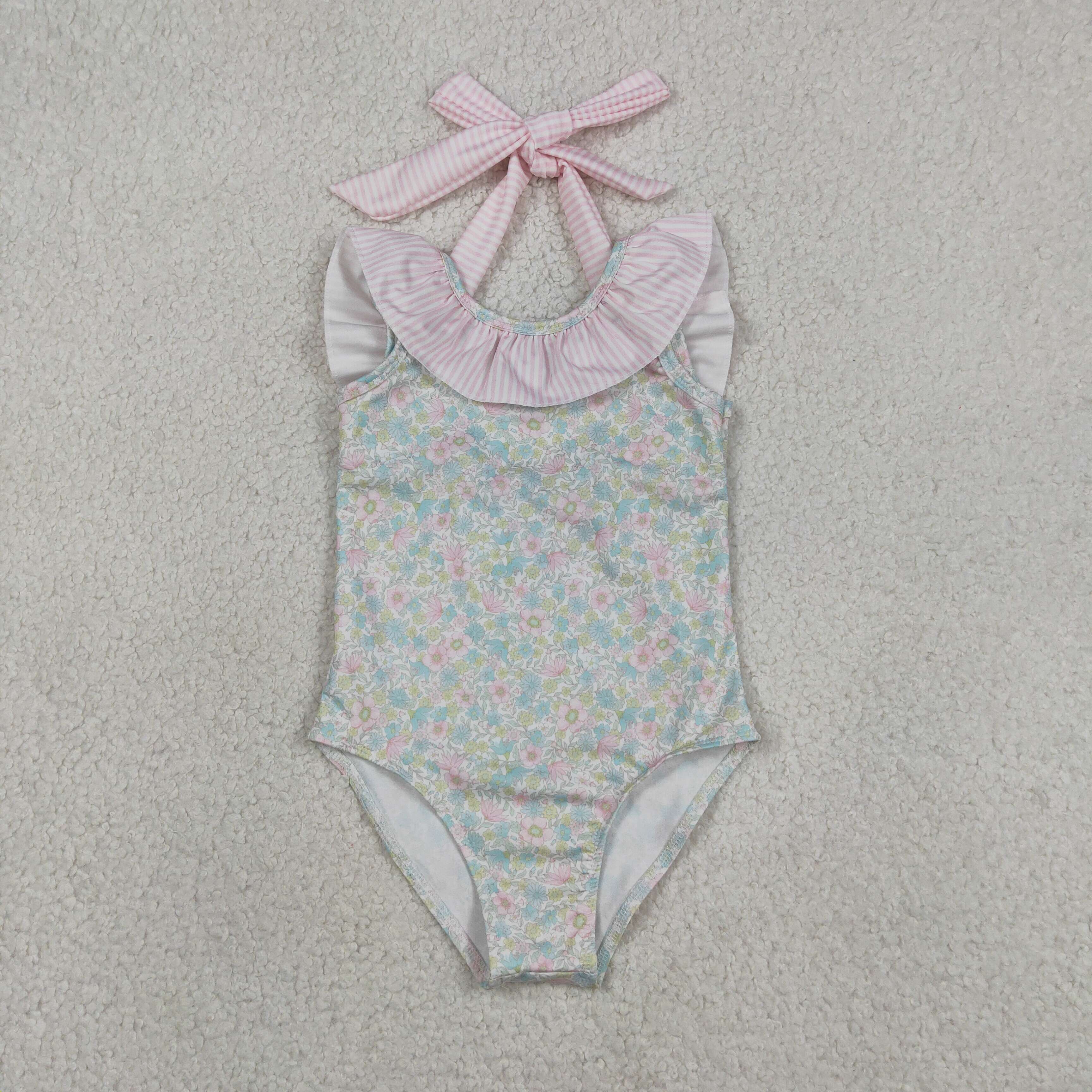 S0732 Pink small flowers print boy  sleeveless swimsuit