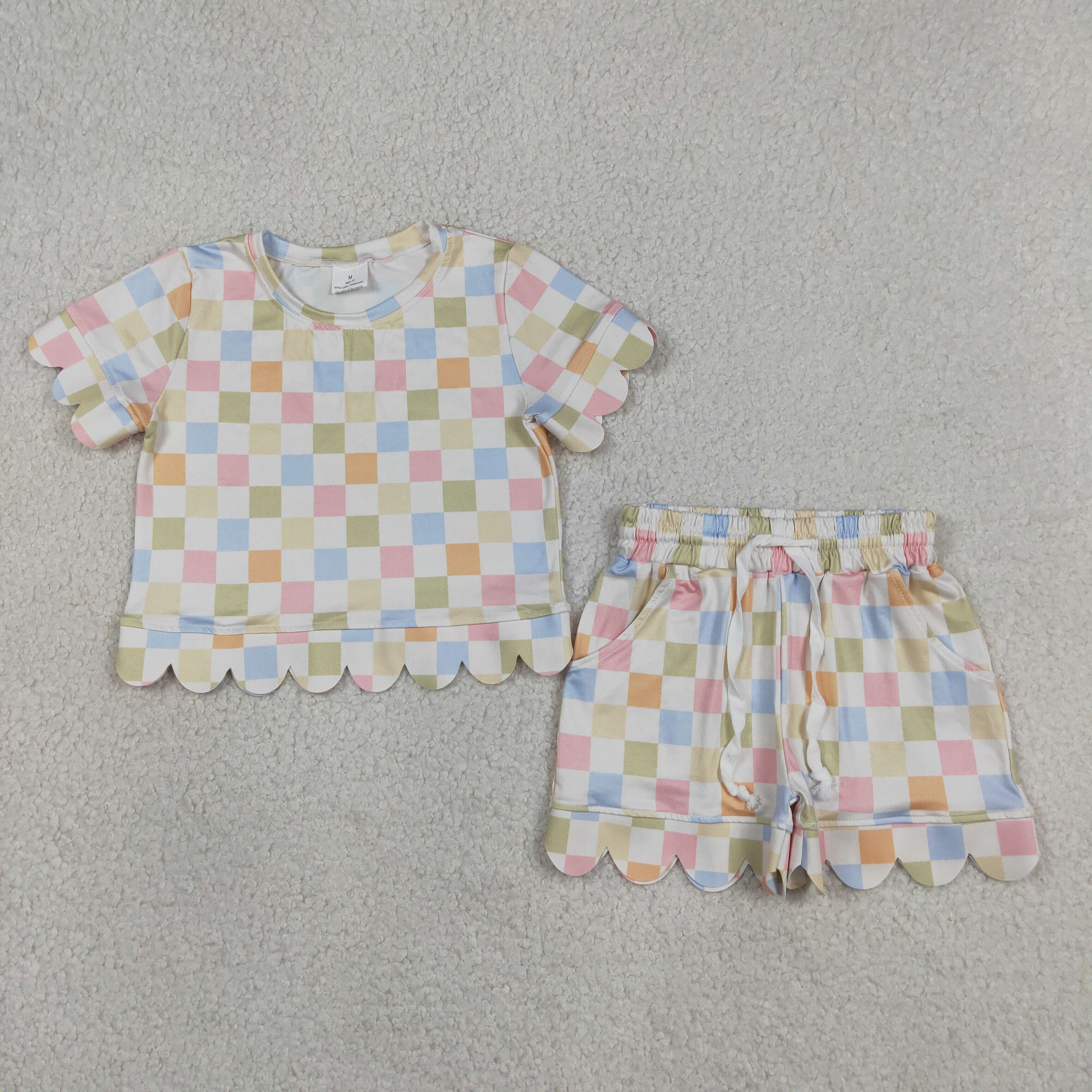 GSSO3419 Colorful plaid Print Short sleeve girl  SCALLOP  outfits