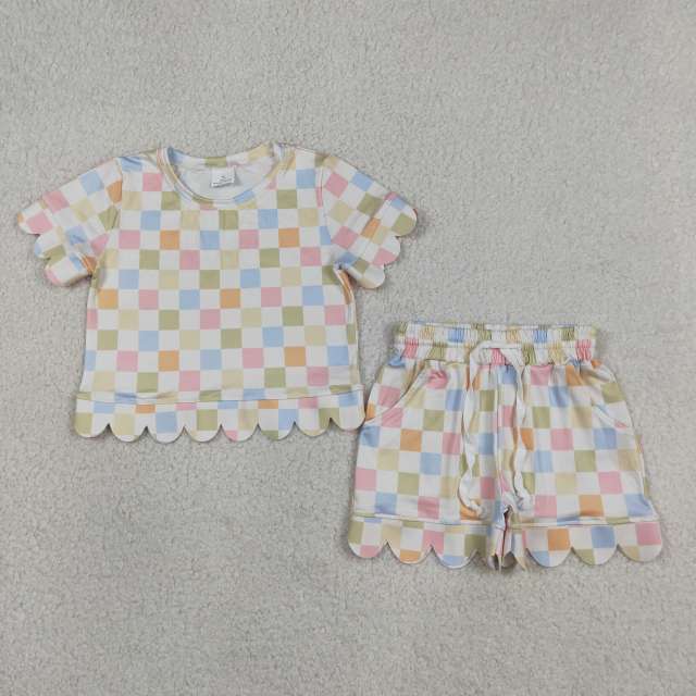 GSSO3419 Colorful plaid Print Short sleeve girl  SCALLOP  outfits