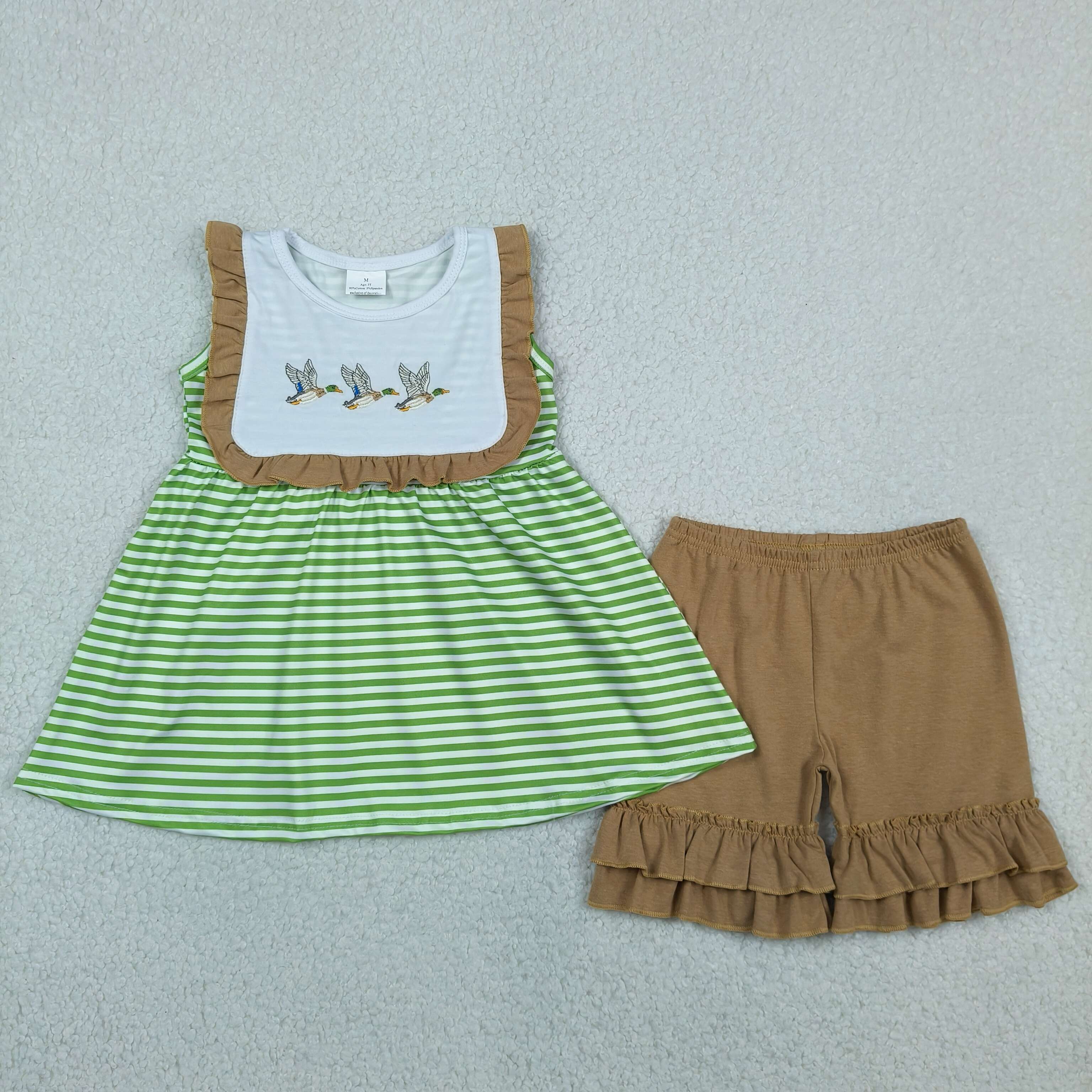 GSSO3432  rts green stripe duck embroidery  sleeveless girl outfits