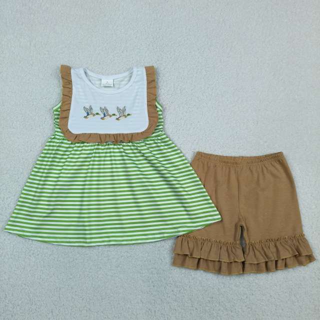 GSSO3432 green stripe duck embroidery  sleeveless girl outfits