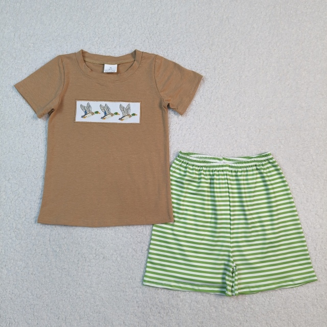 BSSO1947 RTS Brown duck embroidery short sleeve boy outfits