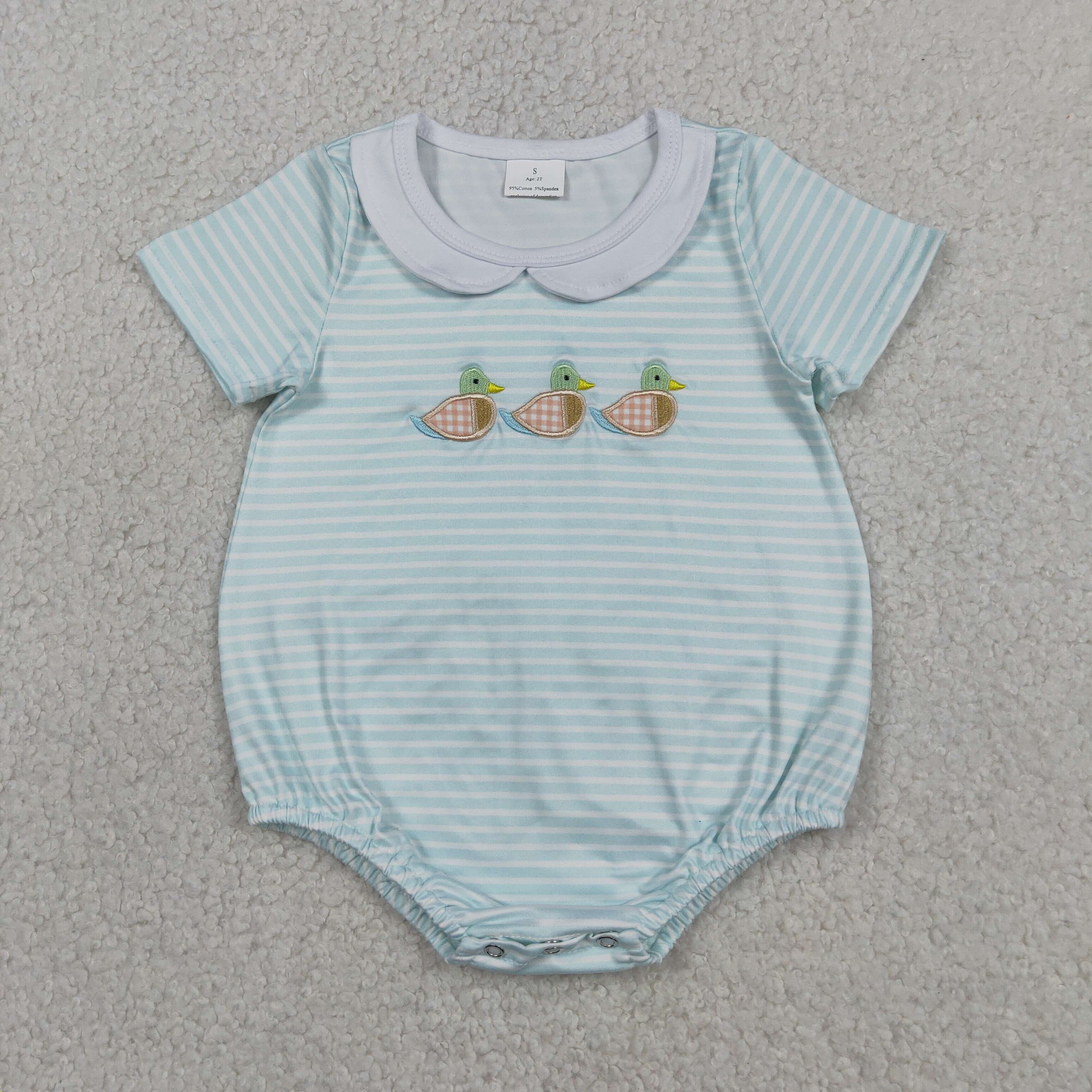 SR4081 Baby Blue stripe embroidery girl short sleeve Rompers
