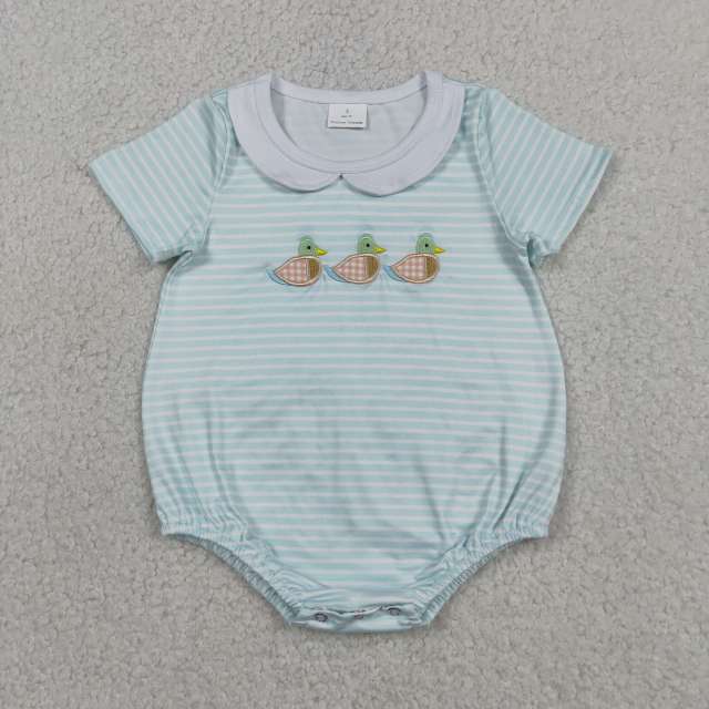 SR4081 Baby Blue stripe embroidery girl short sleeve Rompers