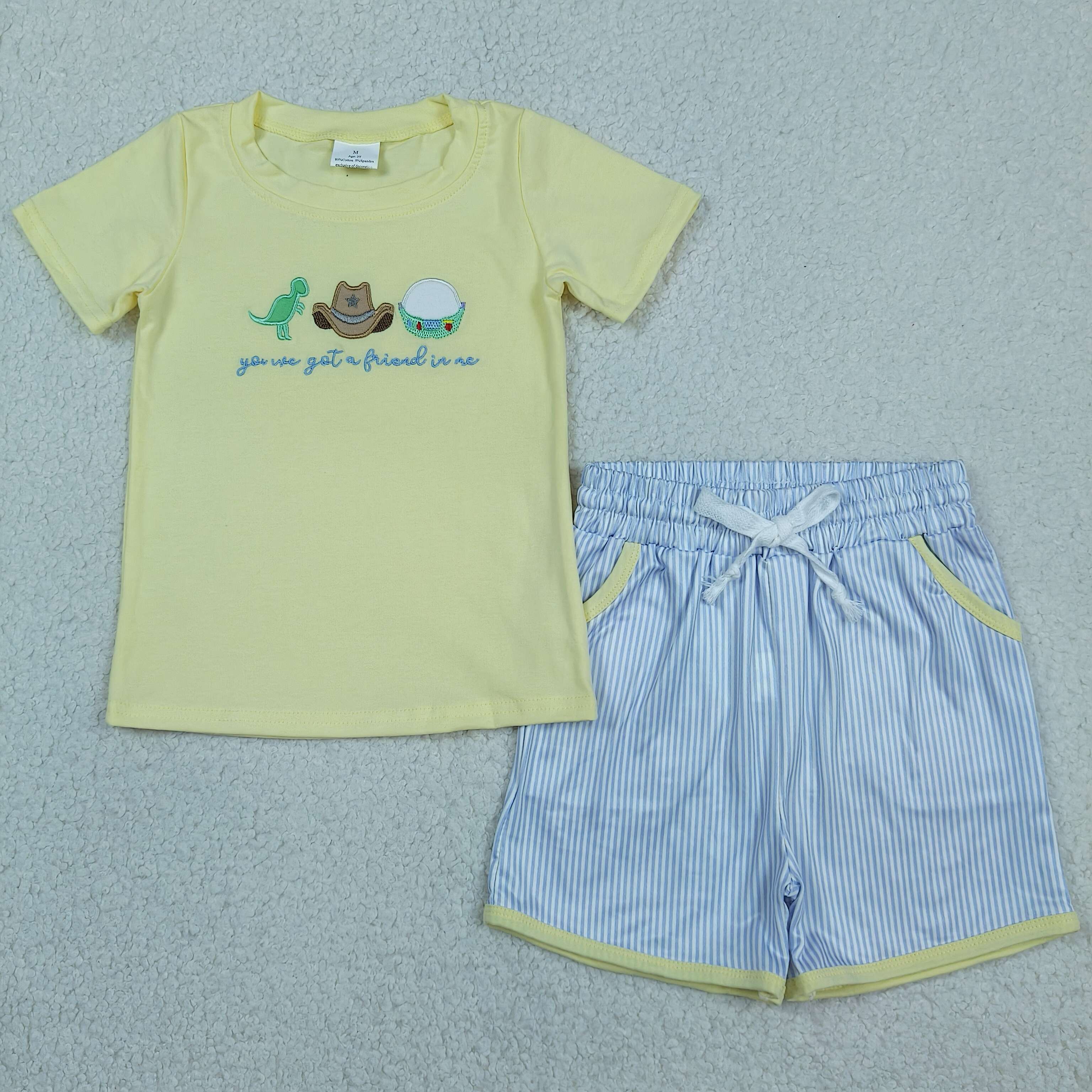BSSO1968 RTS Yellow dinosaur hats embroidery short sleeve boy outfits