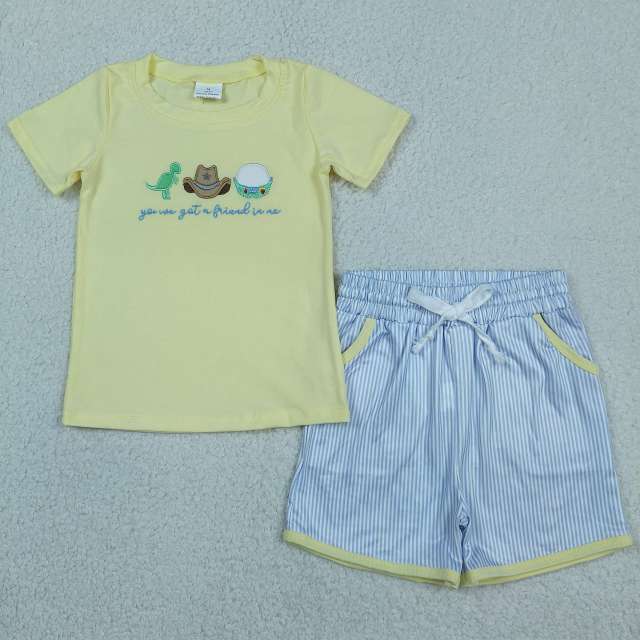 BSSO1968 RTS Yellow dinosaur hats embroidery short sleeve boy outfits