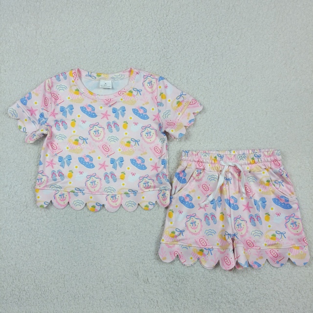 GSSO3657 Stars boat bows Print Short sleeve girl  SCALLOP  outfits