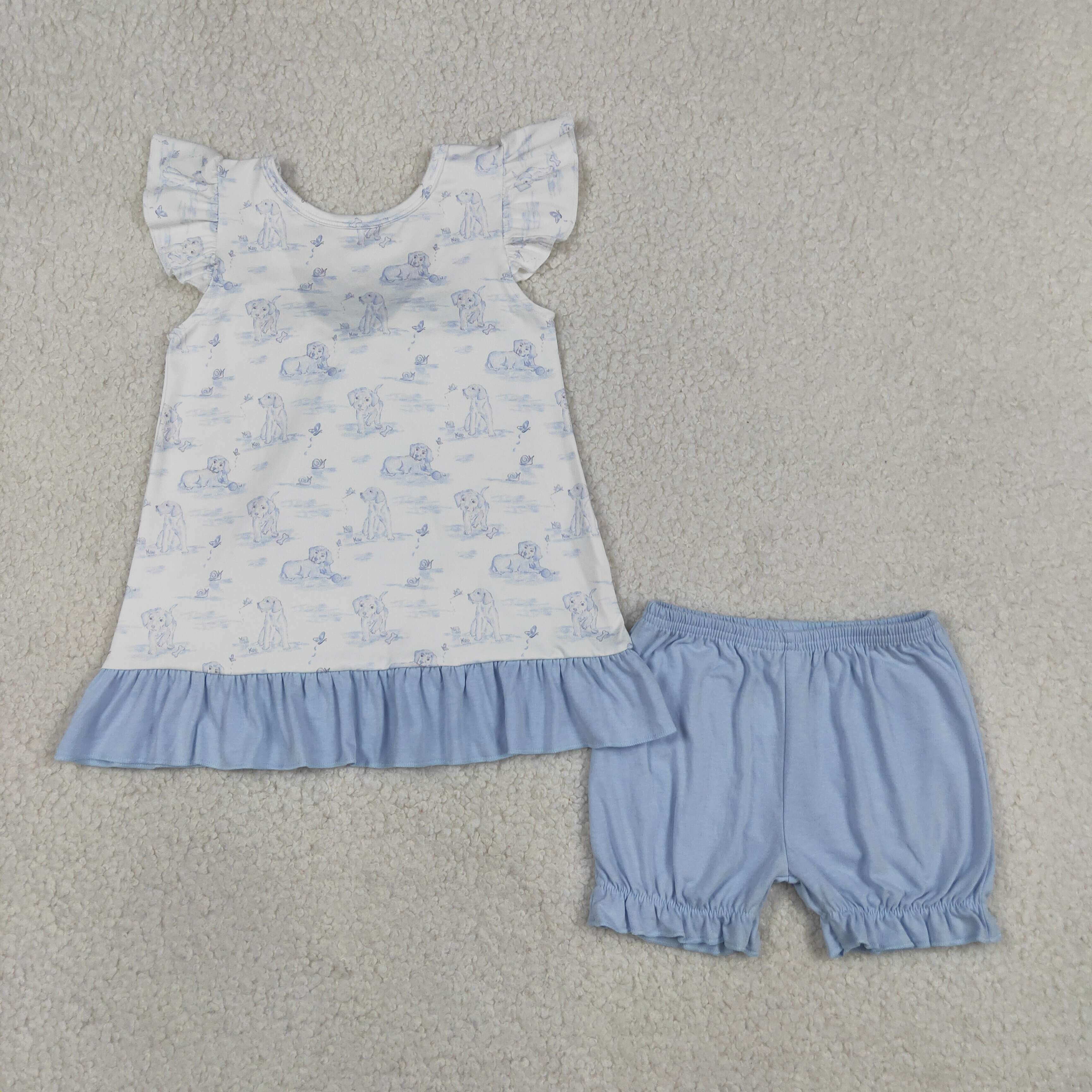 GSSO3061 Blue puppy Print flying sleeve girl outfits