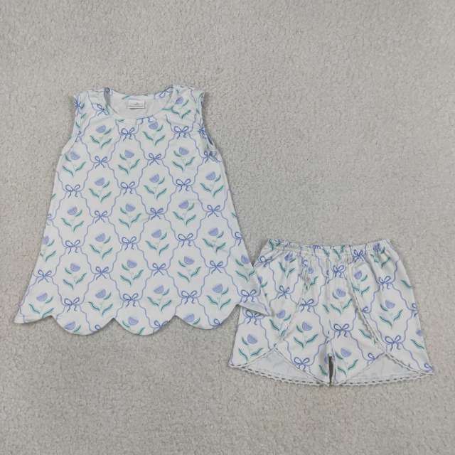 GSSO3426 Blue bows flowers Print sleeveless girl  SCALLOP  outfits