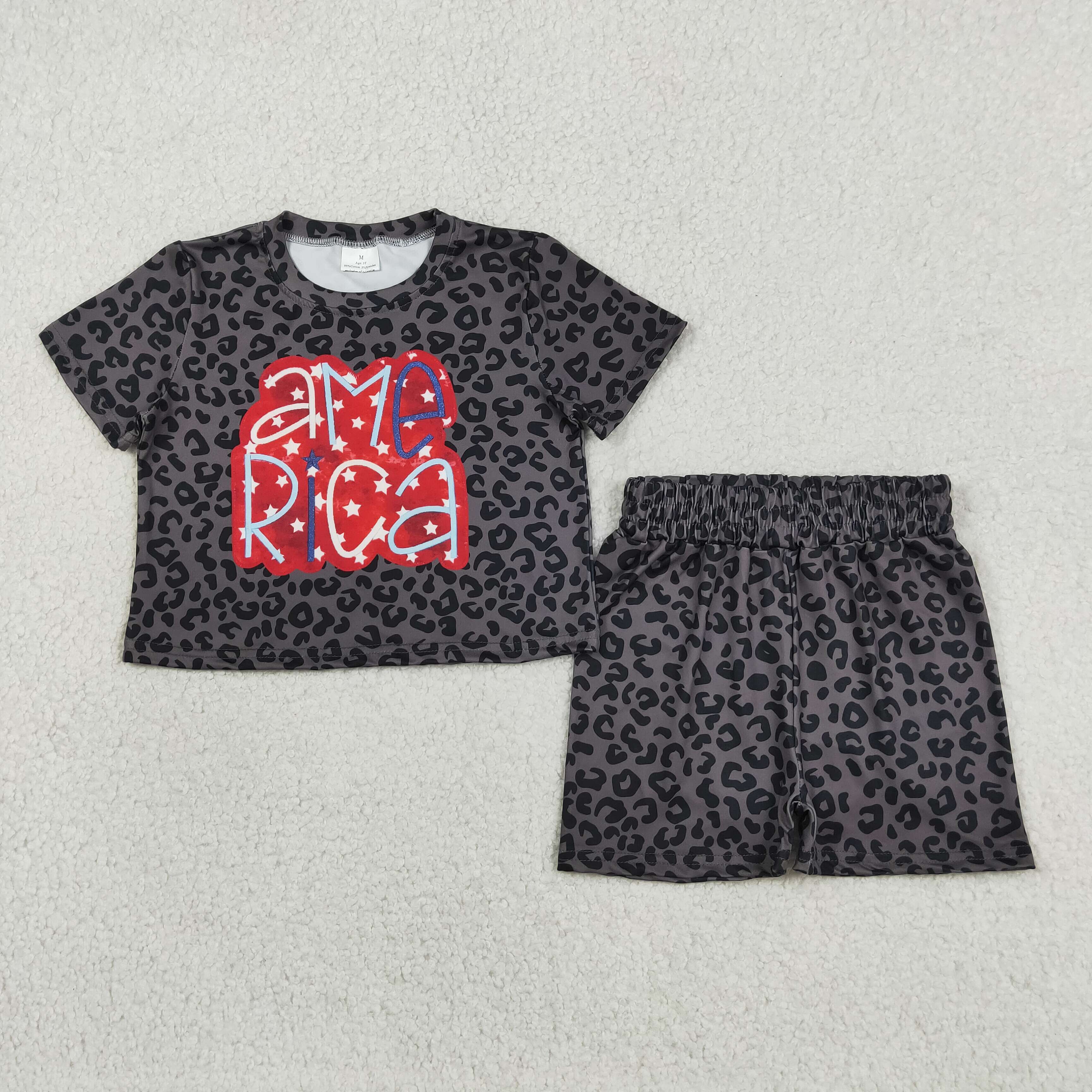 GSSO2576 Black leopard america Print Short sleeve girl 4th of july outfits