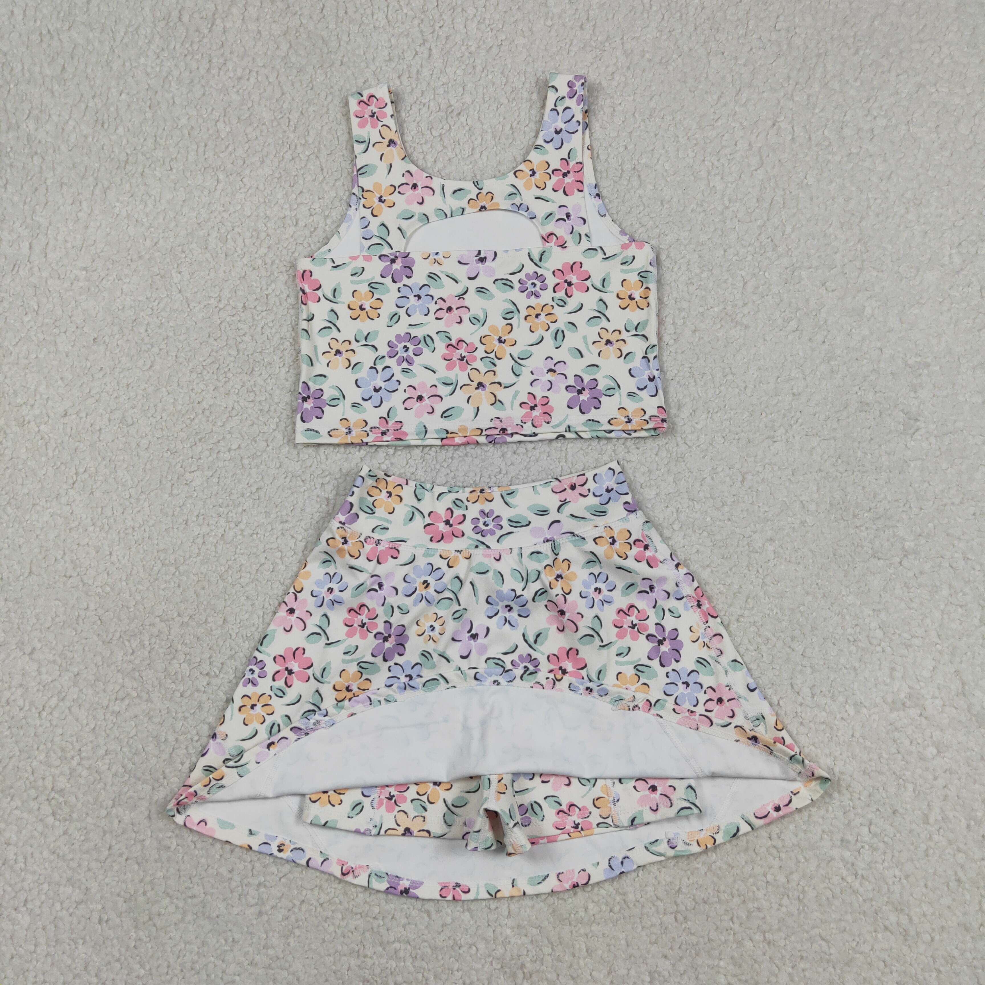 GSD3838  RTS Colorful flowers print girl yoga sleeveless skirt set
