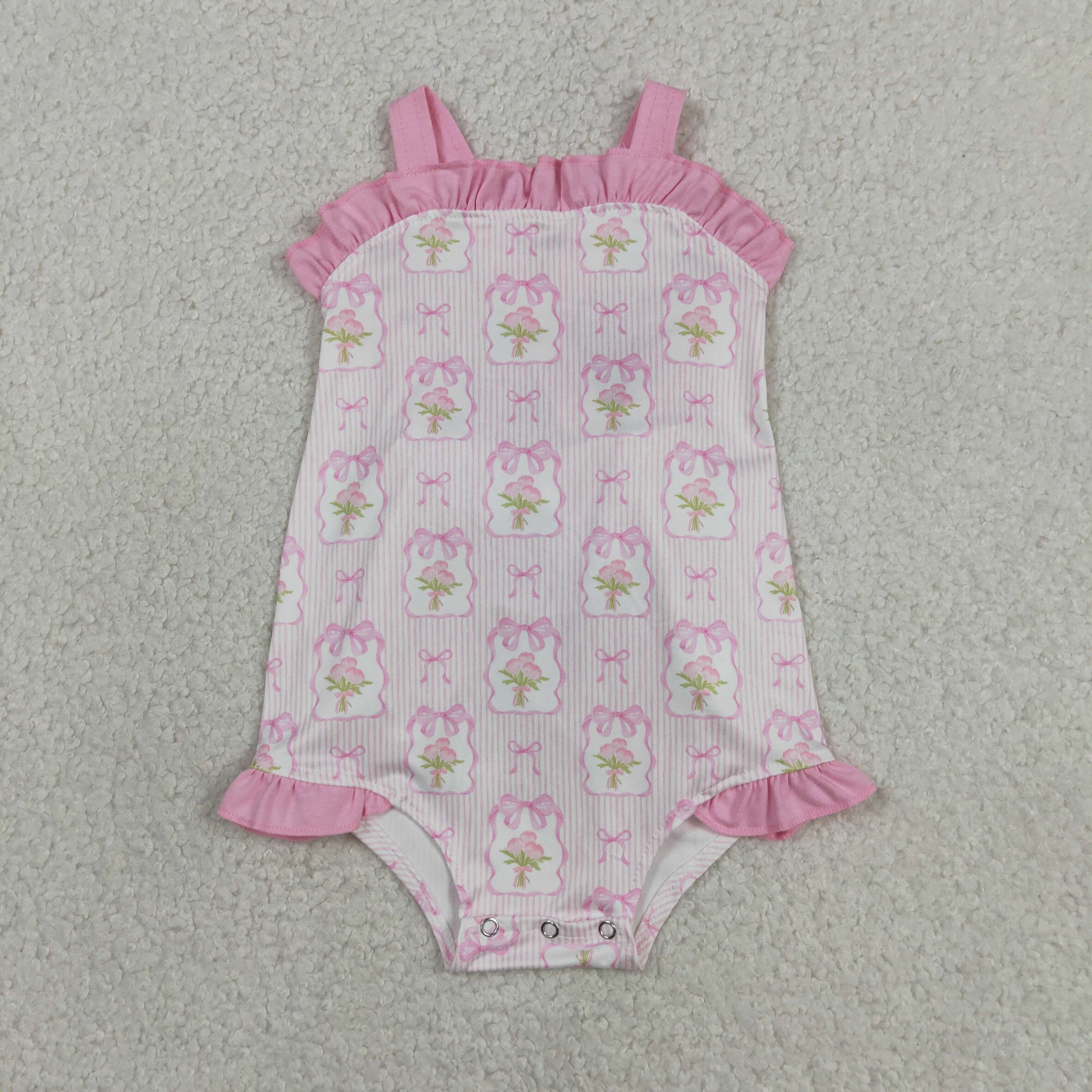 SR4122 Baby Pink stripe flowers bows sleeveless bows Rompers