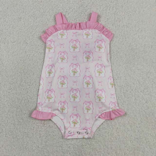 SR4122 Baby Pink stripe flowers bows sleeveless bows Rompers
