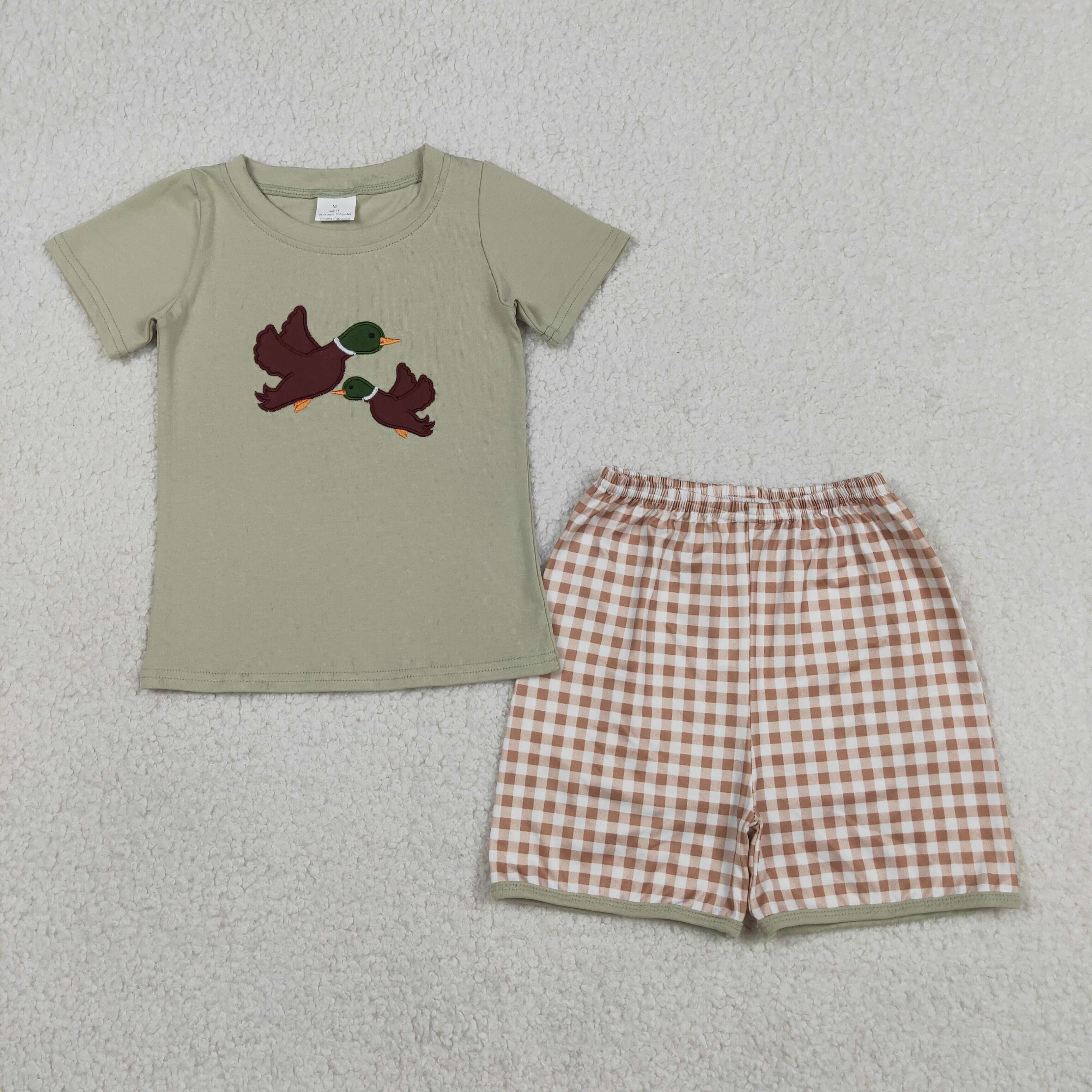 BSSO1867 RTS Green duck embroidery short sleeve boy outfits