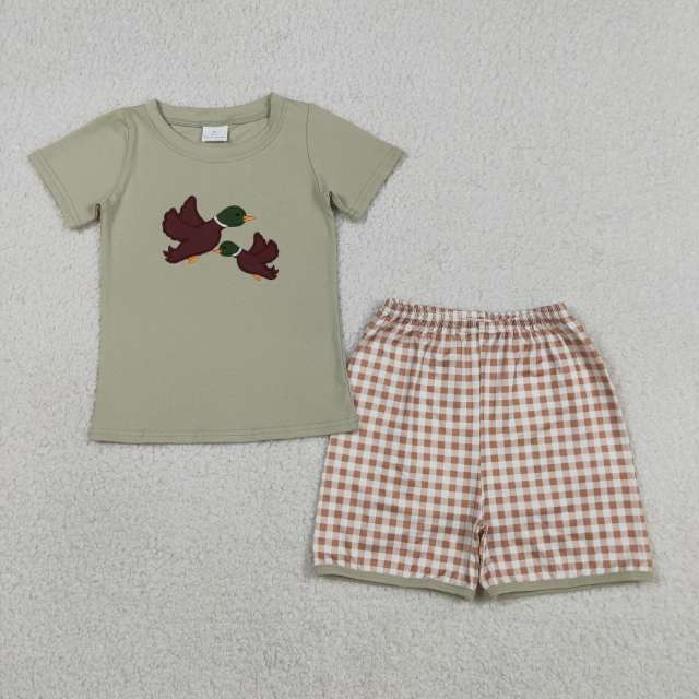 BSSO1867 RTS Green duck embroidery short sleeve boy outfits