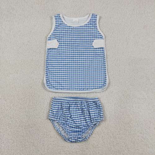 GBO0531  RTS Girl Blue plaid sleeveless girl bummies