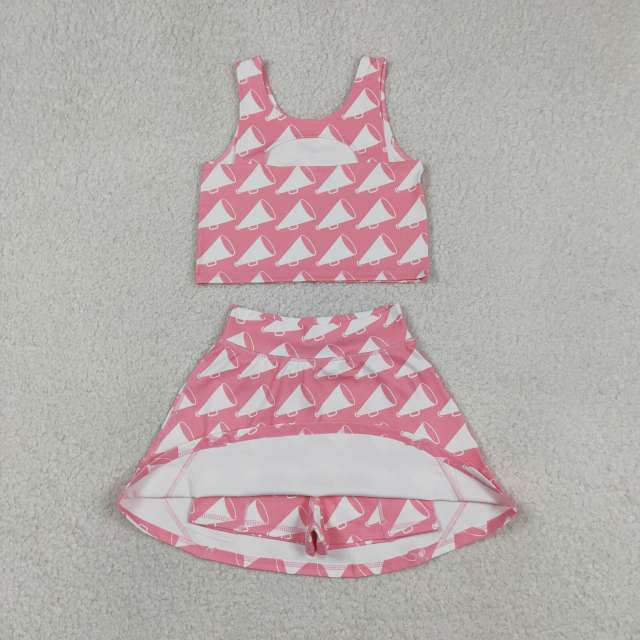 GSD1467  RTS Pink white trumpet girl yoga sleeveless skirt set