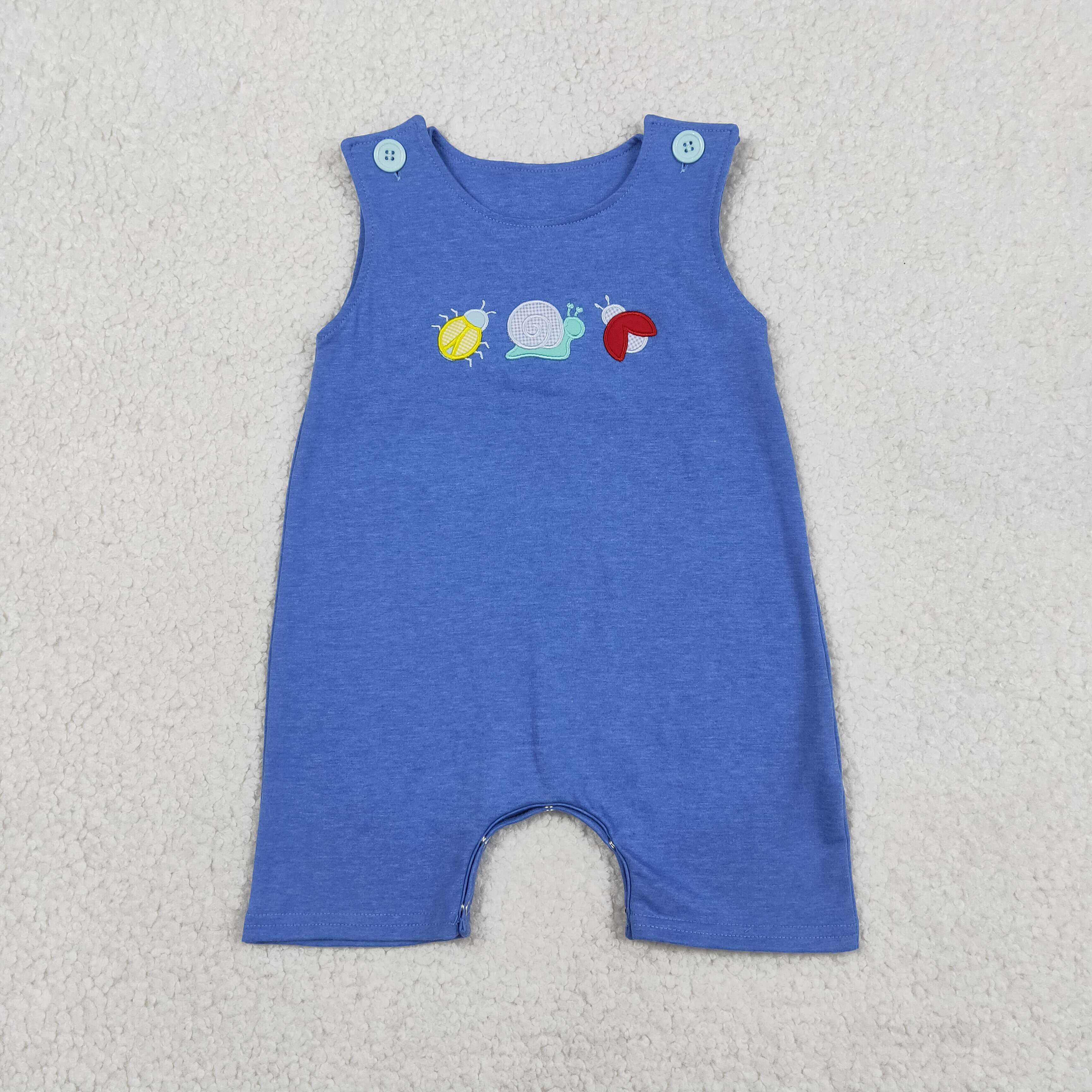 SR4036  Baby bLUE Snail embroidery sleeveless Rompers