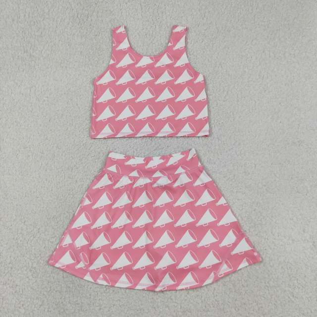 GSD1467  RTS Pink white trumpet girl yoga sleeveless skirt set