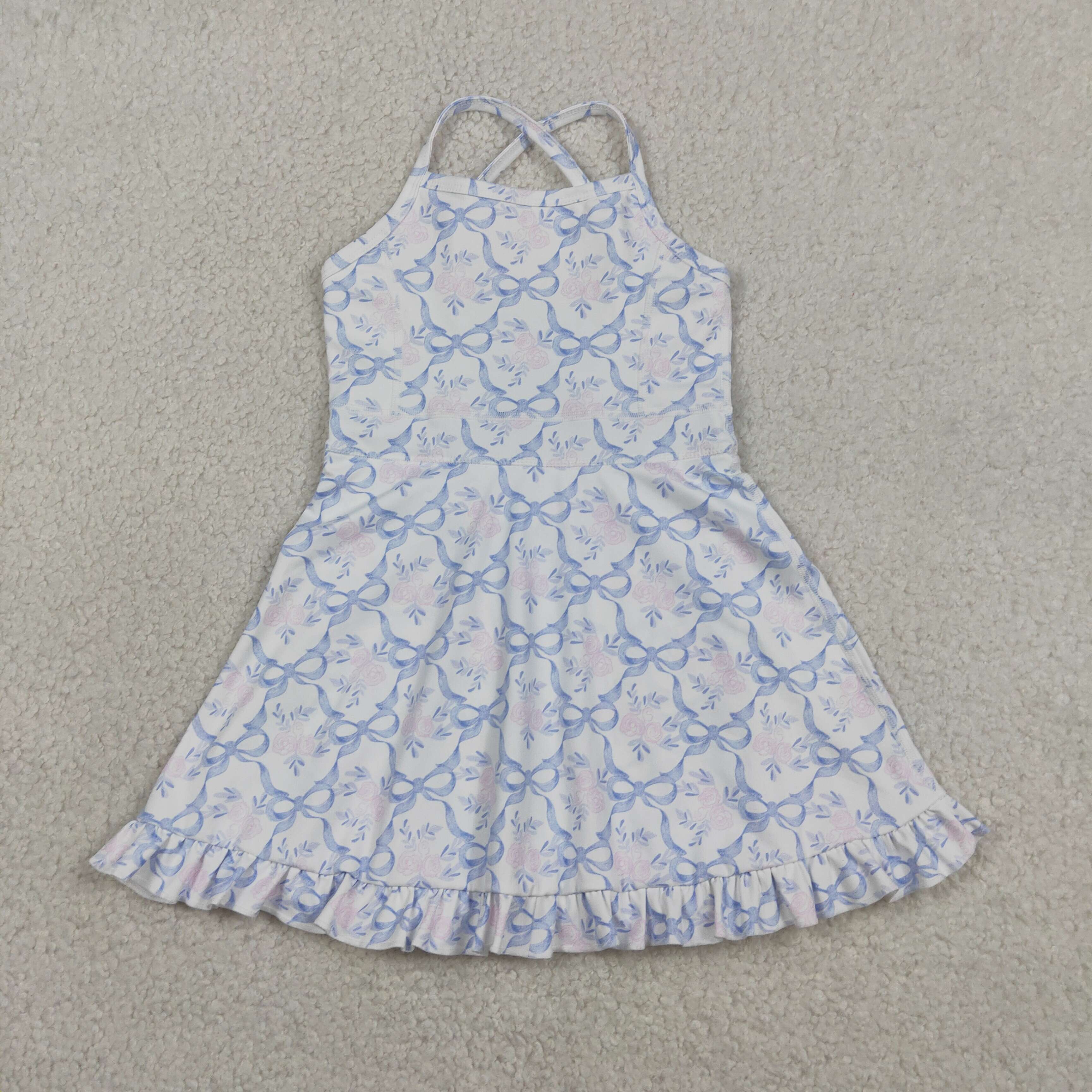 GSD2580  RTS Blue bows flowers print active girl yoga dress