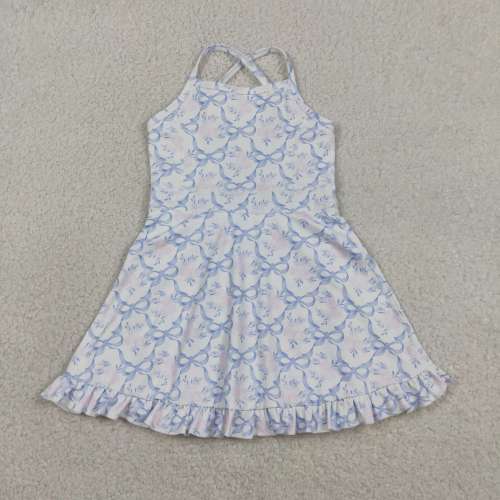 GSD2580  RTS Blue bows flowers print active girl yoga dress