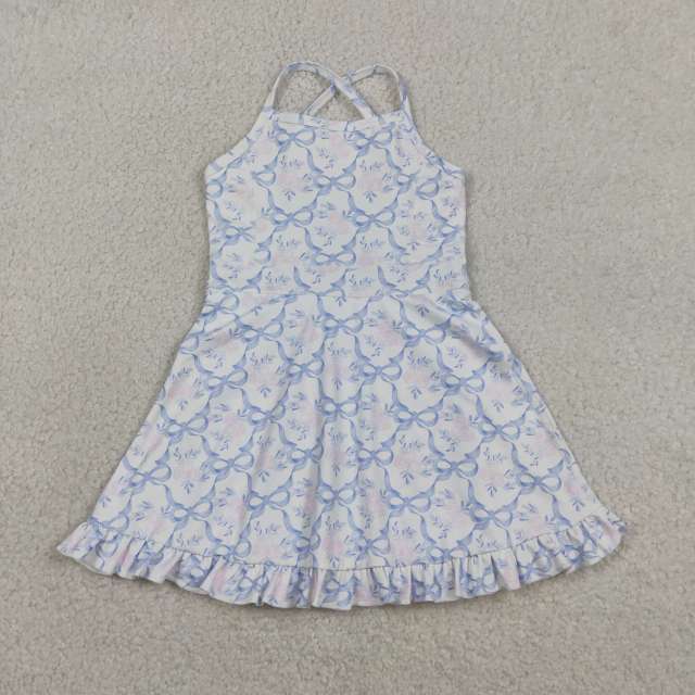GSD2580  RTS Blue bows flowers print active girl yoga dress