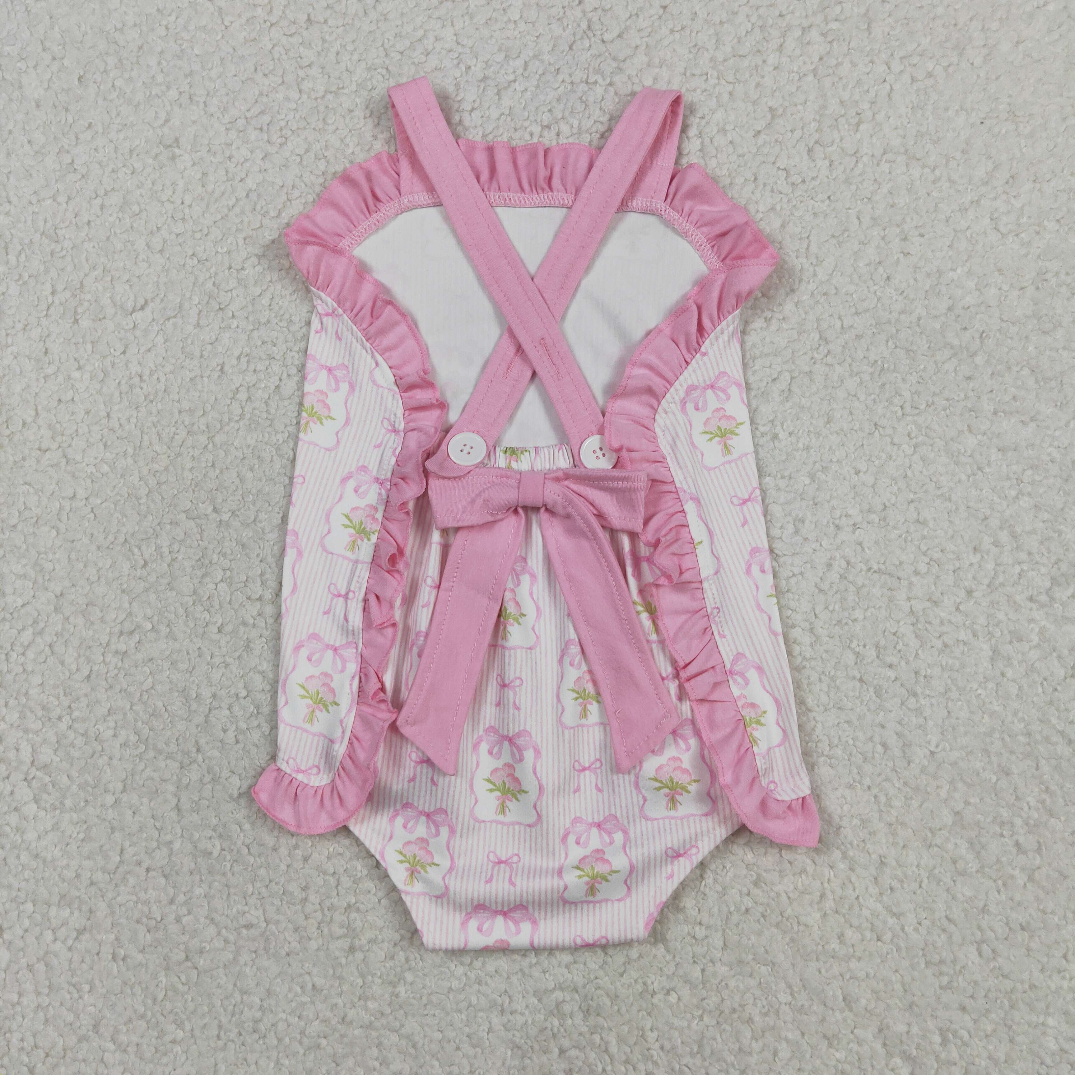 SR4122 Baby Pink stripe flowers bows sleeveless bows Rompers