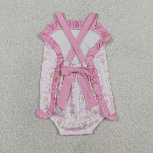 SR4122 Baby Pink stripe flowers bows sleeveless bows Rompers