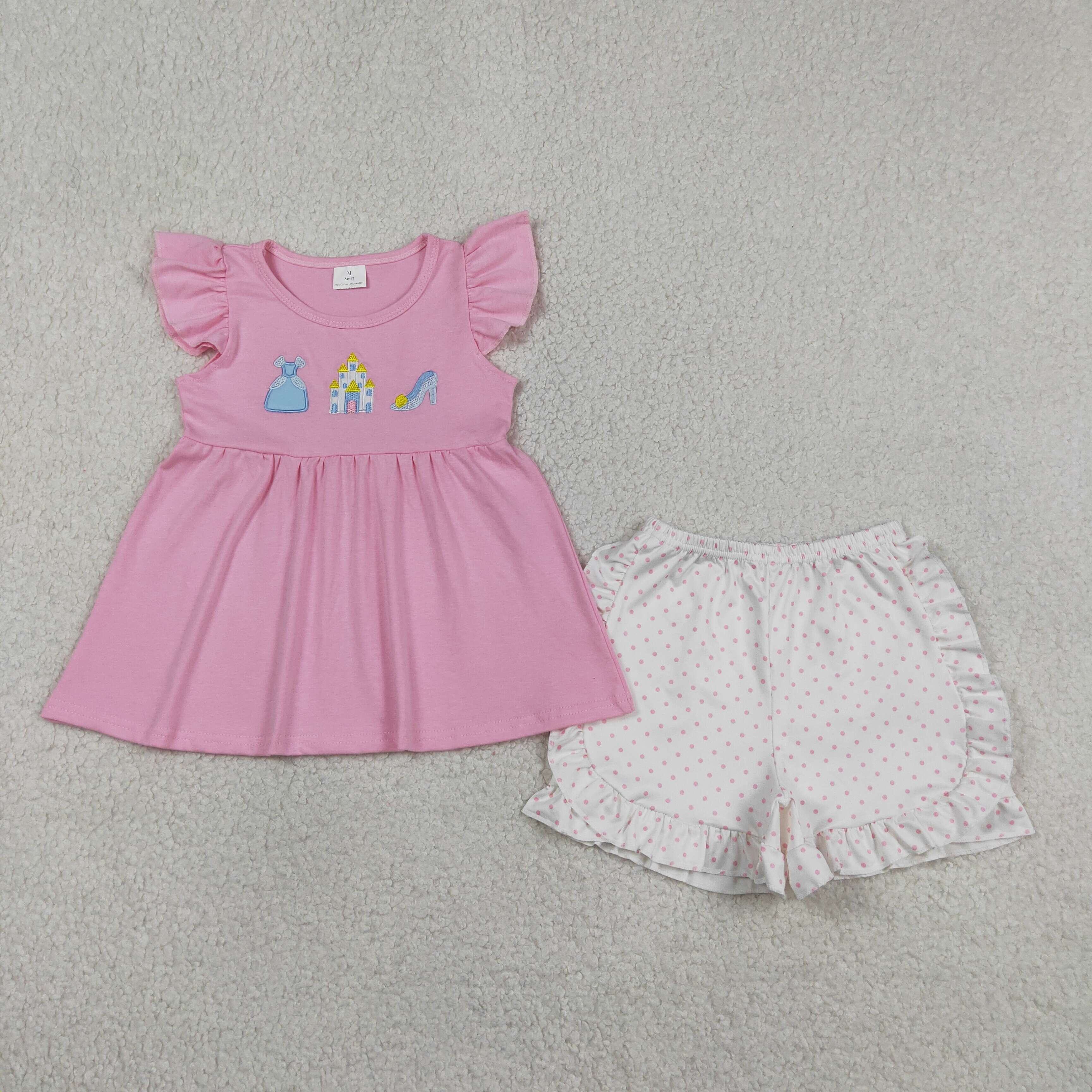 GSSO1186 Pink castle princess embroidery short sleeve girl outfits