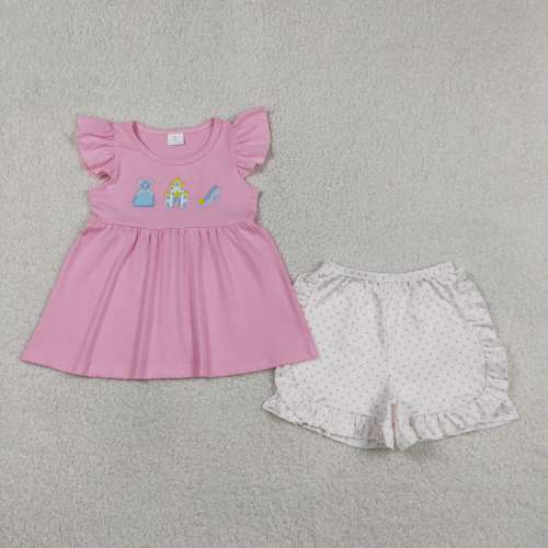 GSSO1186 Pink castle princess embroidery short sleeve girl outfits
