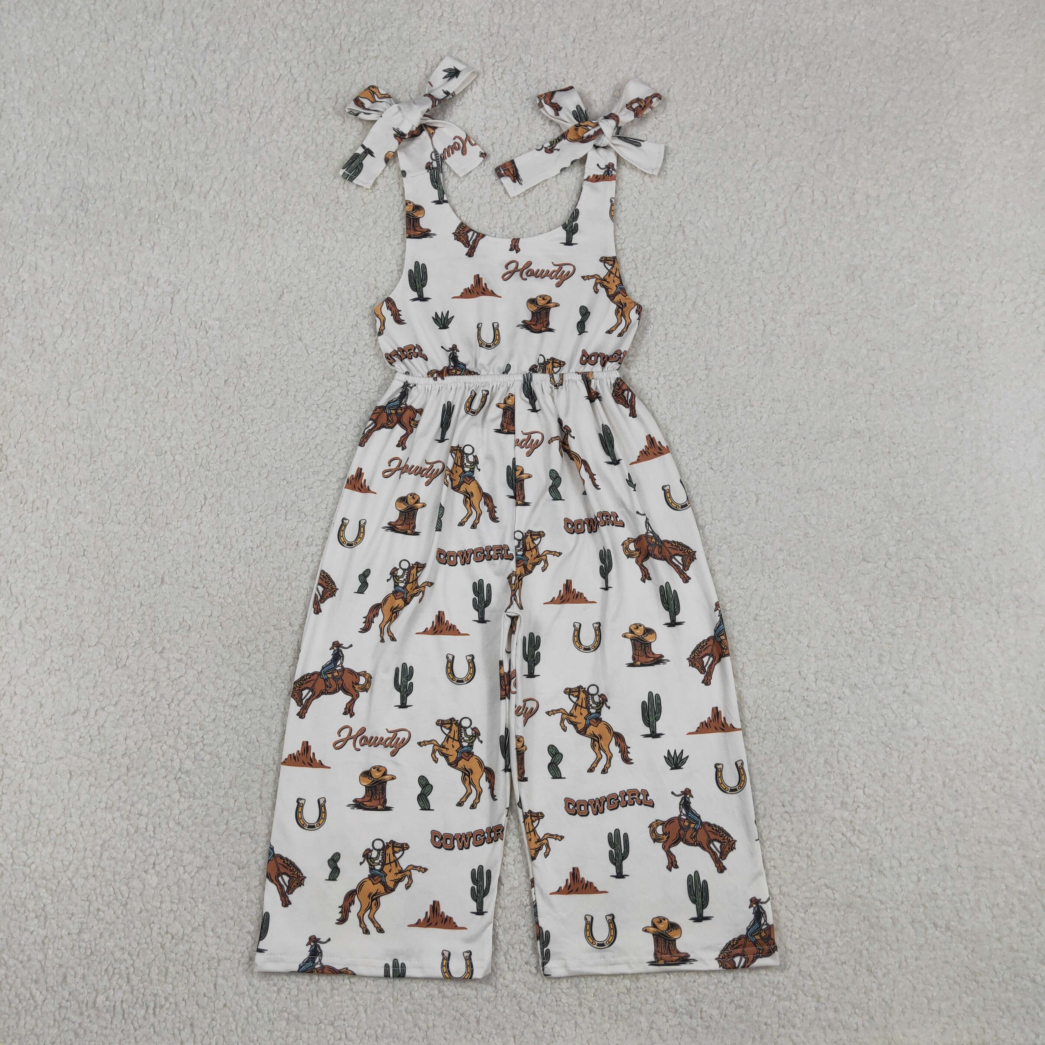 SR2969 cowboy cactus beige sleeveless baby girl  jumpsuit