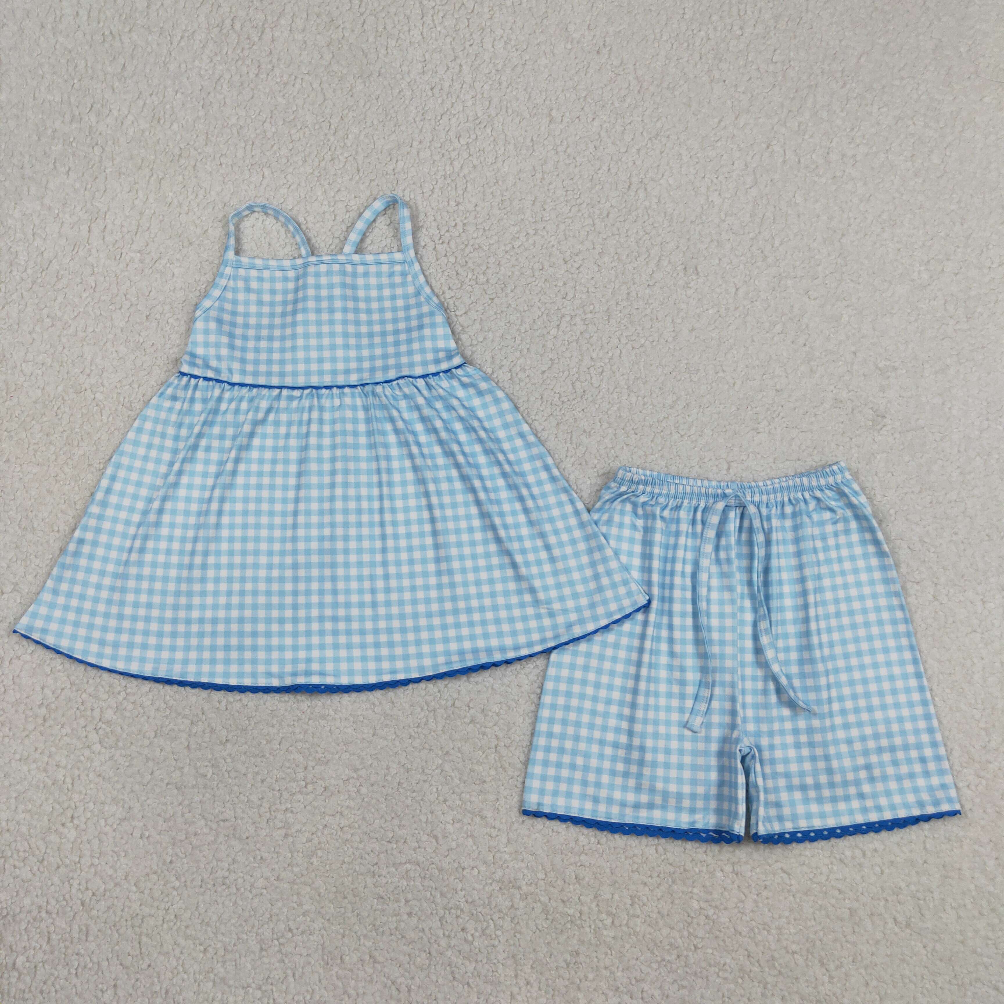 GSSO3418 Blue plaid Print sleeveless girl outfits