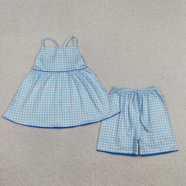 GSSO3418 Blue plaid Print sleeveless girl outfits
