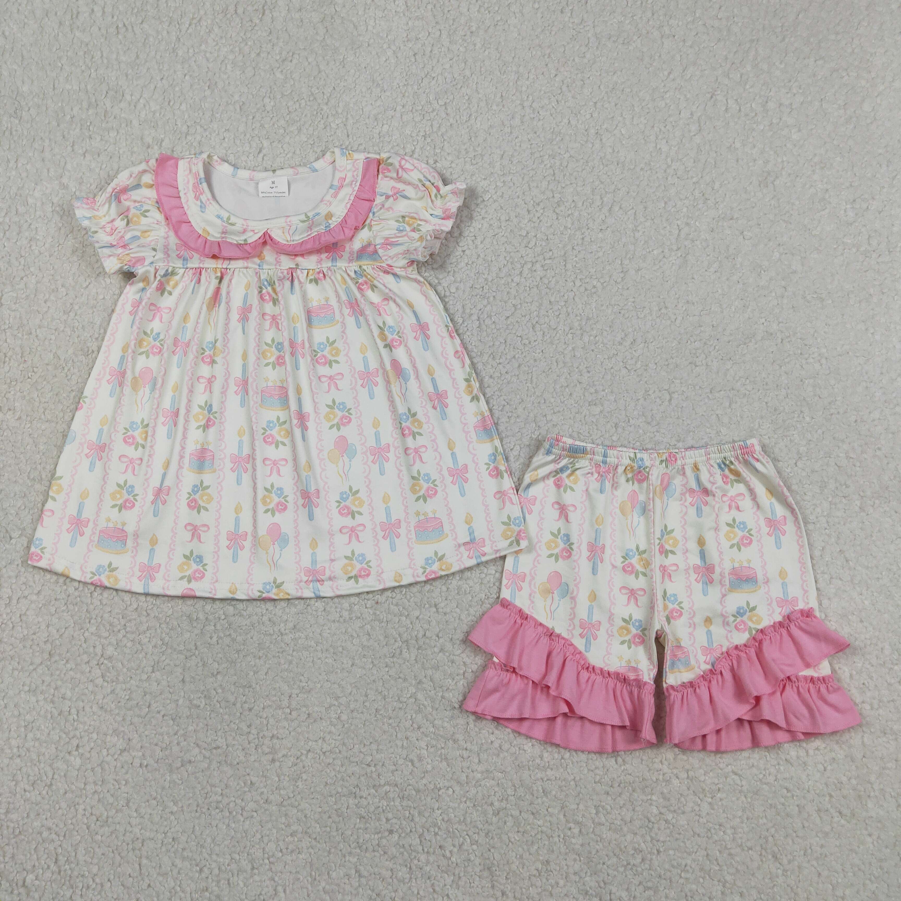GSSO3445 Pink flowers stripe Print short sleeve girl outfits