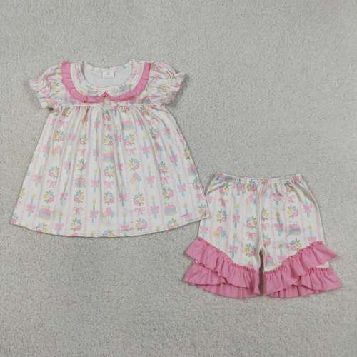 GSSO3445 Pink flowers stripe Print short sleeve girl outfits