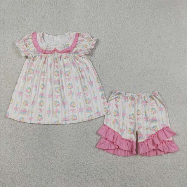 GSSO3445 Pink flowers stripe Print short sleeve girl outfits