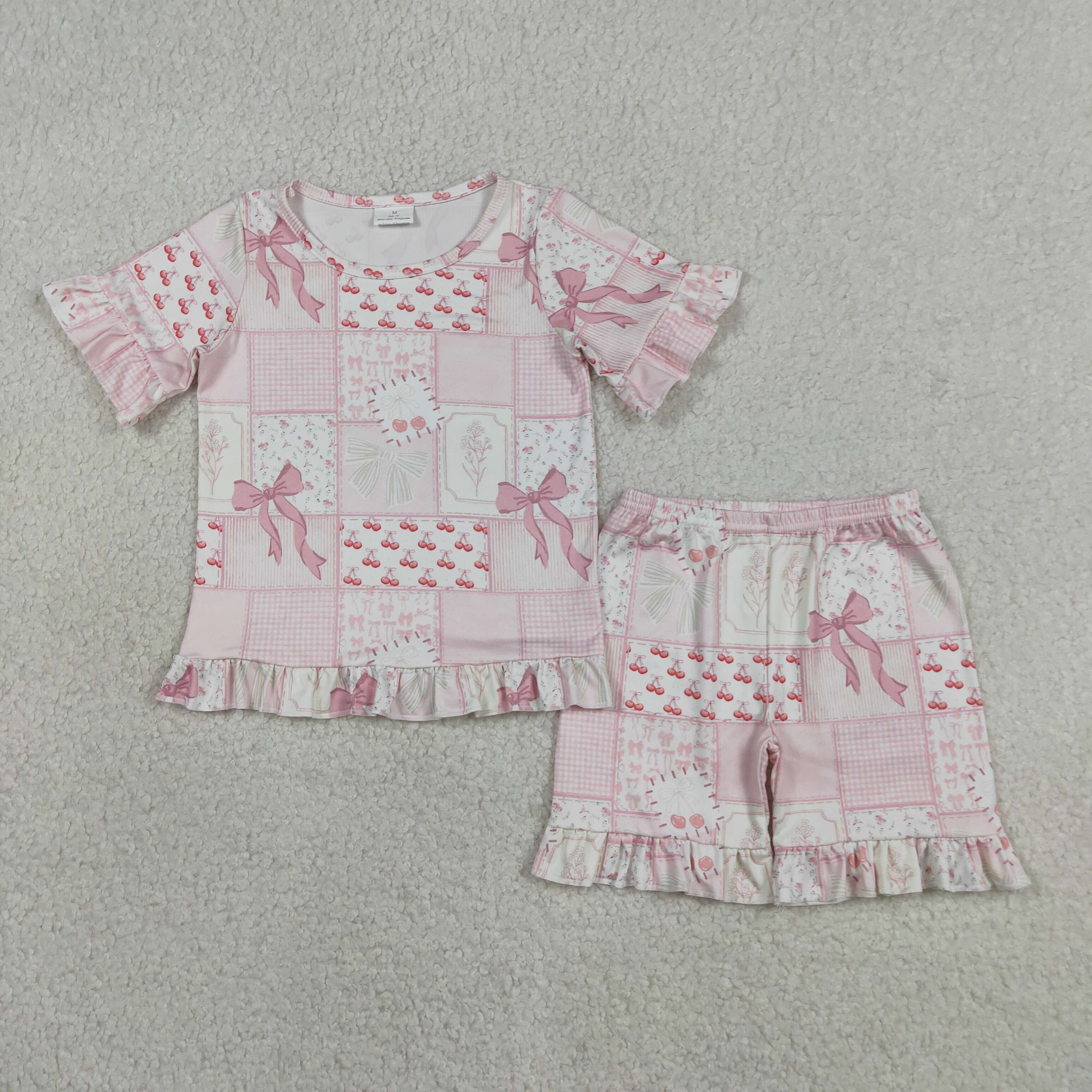 GSSO3321 Pink plaid bows cherry Print short sleeve girl outfits