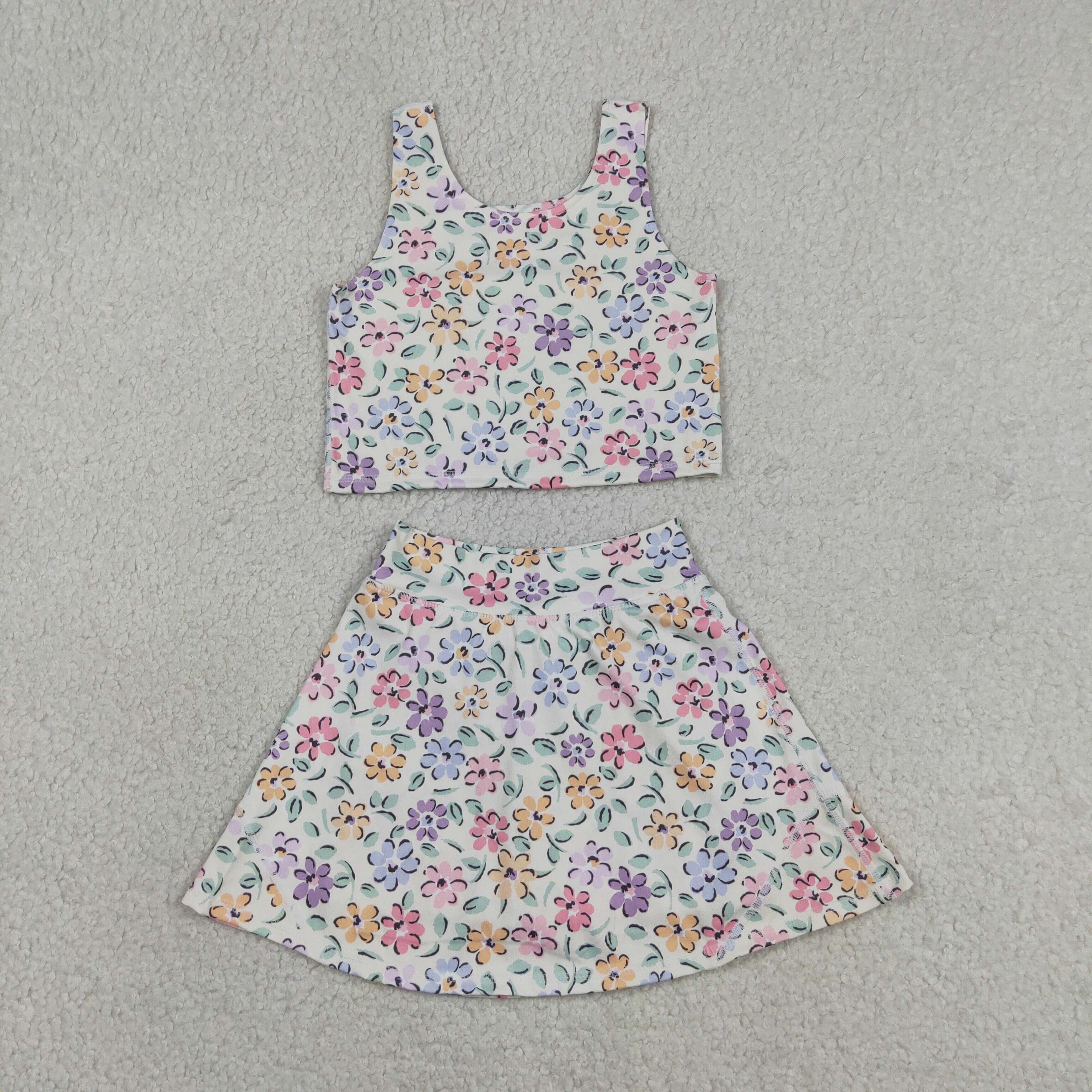 GSD3838  RTS Colorful flowers print girl yoga sleeveless skirt set