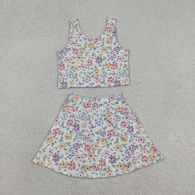 GSD3838  RTS Colorful flowers print girl yoga sleeveless skirt set