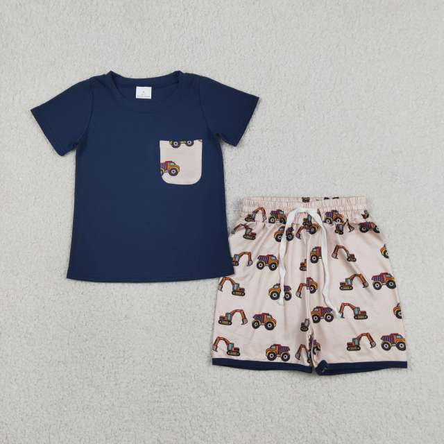 BSSO1364 RTS NAVY Tractor print short sleeve boy outfits