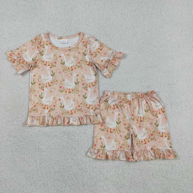 GSSO3329 Orange flowers duck Print short sleeve girl outfits