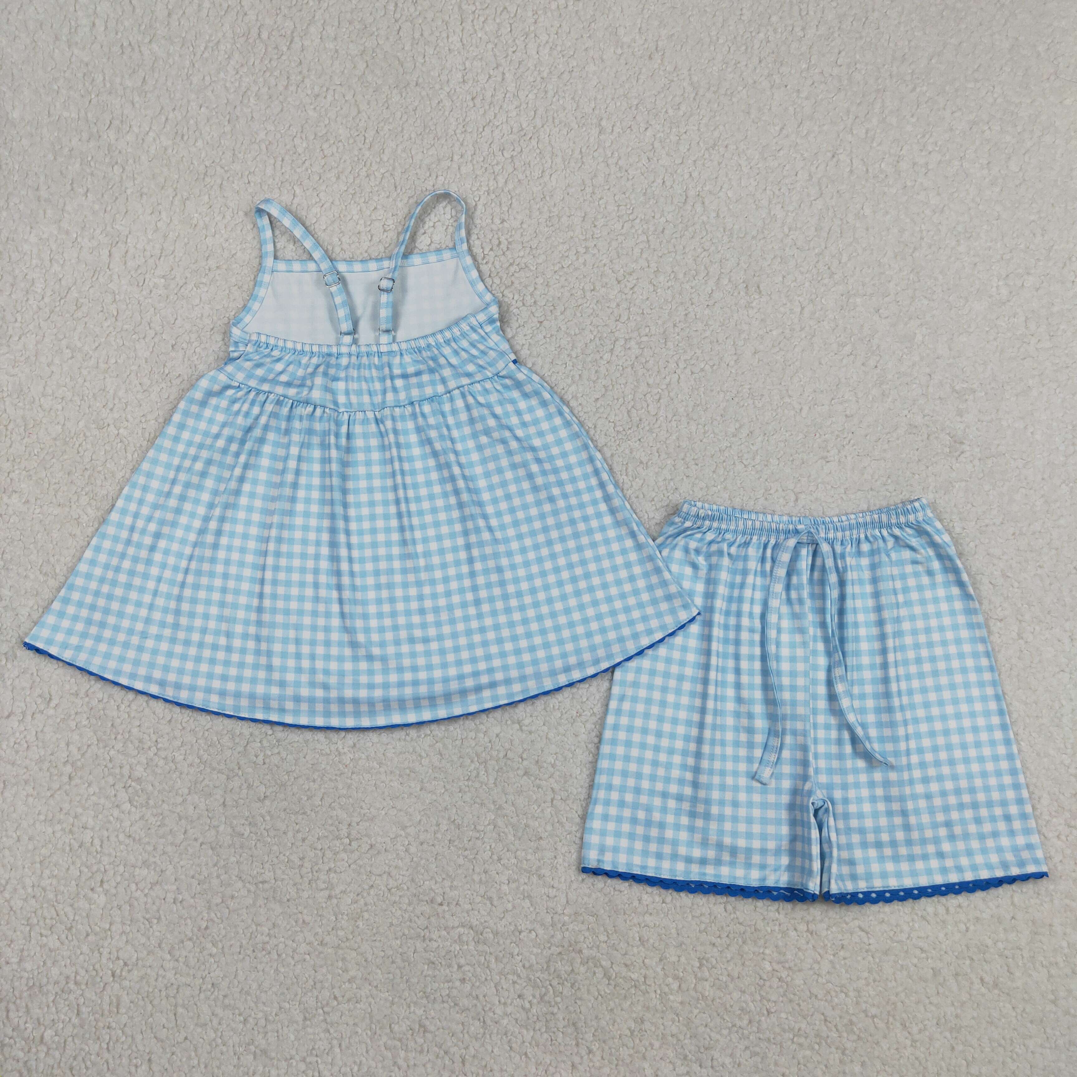 GSSO3418 Blue plaid Print sleeveless girl outfits