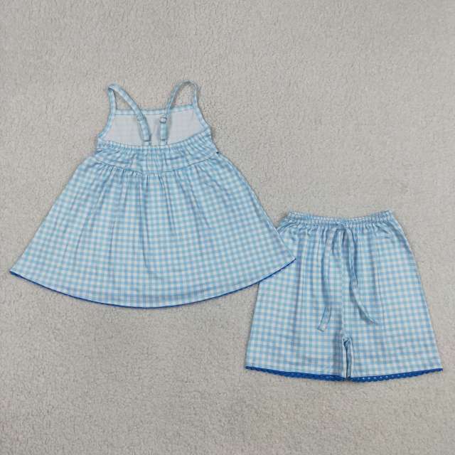 GSSO3418 Blue plaid Print sleeveless girl outfits