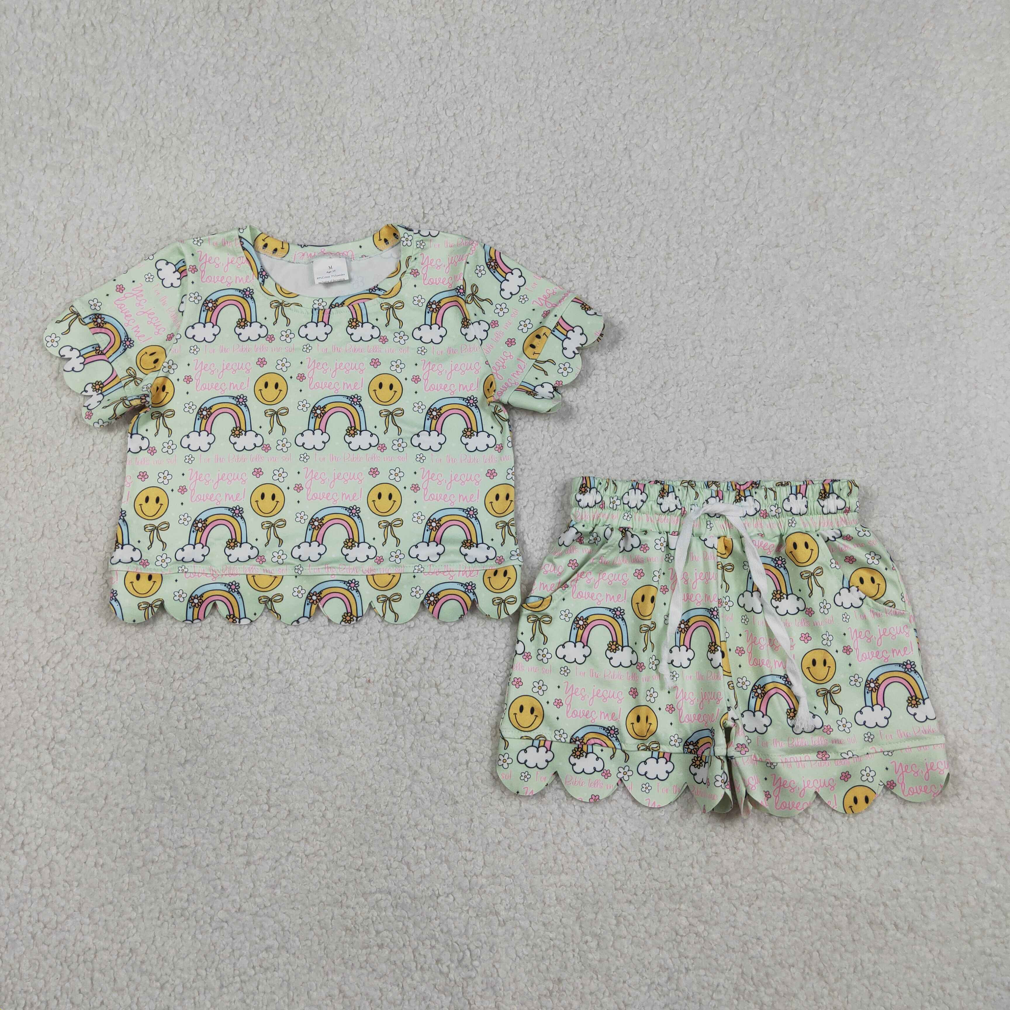 GSSO3283 Green rainbows flowers Print Short sleeve girl  SCALLOP  outfits