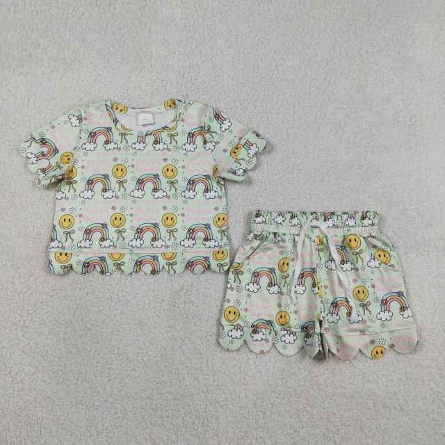 GSSO3283 Green rainbows flowers Print Short sleeve girl  SCALLOP  outfits