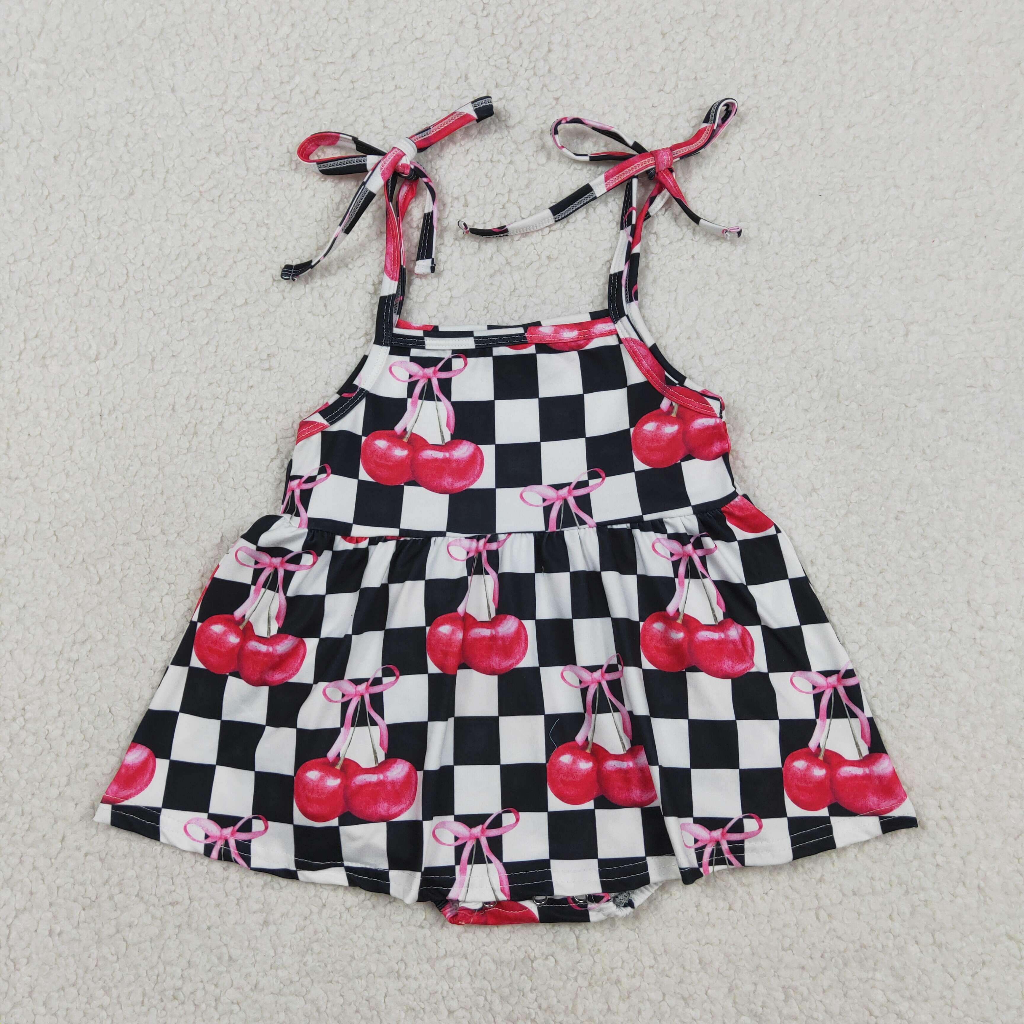 SR3854 Baby Black white plaid cherry sleeveless bows Rompers