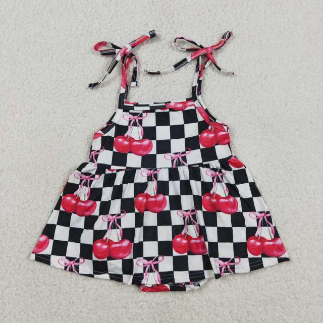 SR3854 Baby Black white plaid cherry sleeveless bows Rompers